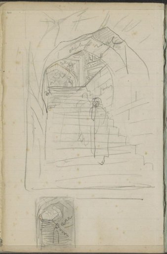 Figure on a staircase under a pointed arch