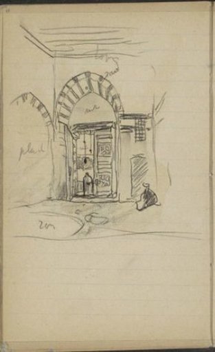 Figures near a portal, possibly of the Kait Bey mosque in Cairo