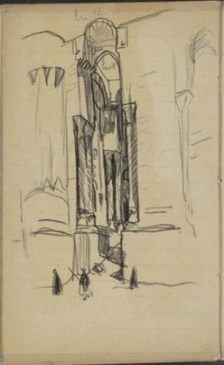 Figures before the facade of a building, possibly a mosque
