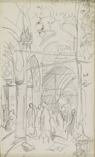 Figures by a colonnade