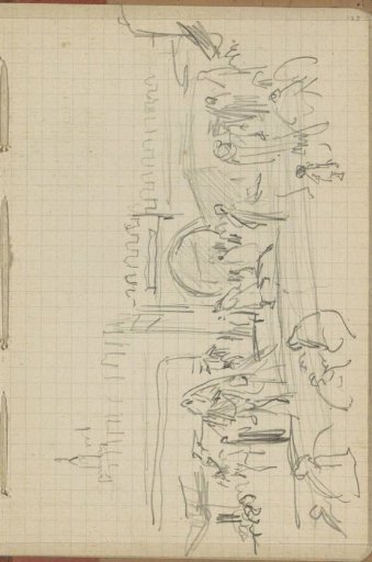 Figures on a street with a gate and a city wall