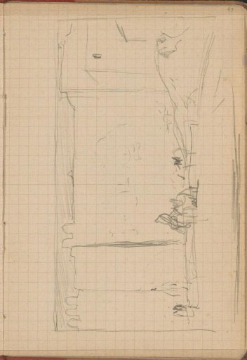 Figures before a building with crenellations