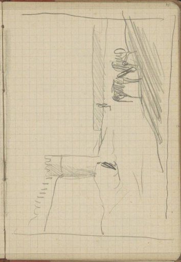 Horses and figures near a wall with a tower