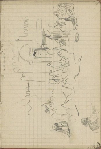 Standing and seated figures near a gate