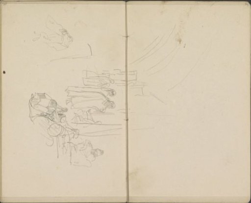 Covered street with seated and standing figures