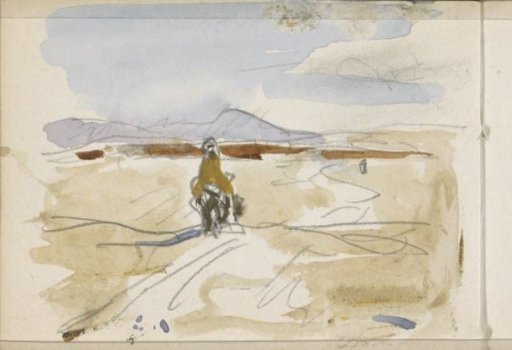 Figure on a camel in a desert landscape