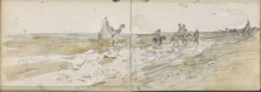Desert landscape with figures on camels