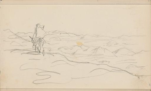 Desert landscape with a figure on a donkey