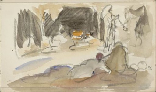 Standing and seated figures near some tents