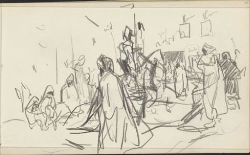 Street with figures, including a rider
