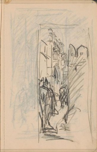 Figures on camels in a narrow street