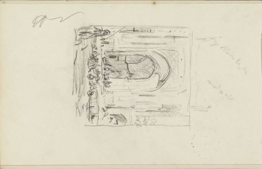 Seated figures on the staircase in front of a temple