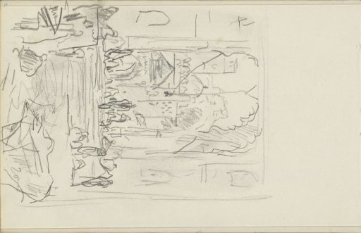 Figures on a staircase by a gate