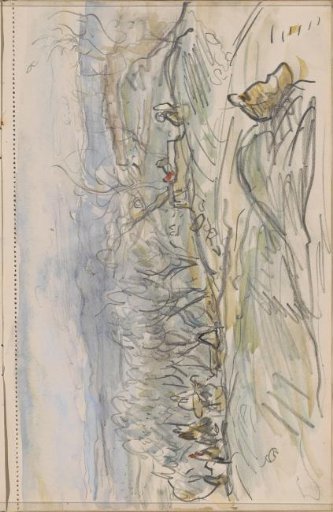 Hilly landscape with trees and figures