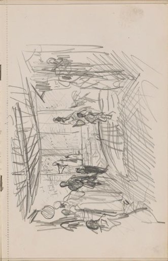 Figures in a covered courtyard between houses
