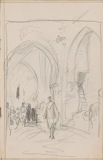 Figures at a building with pointed arches