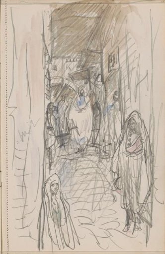 Veiled figures in an alley