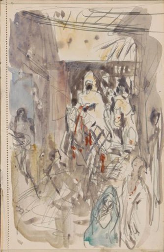 Street with figures and riders
