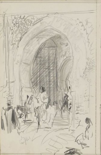 Figures at a gate, probably the Bab Mansour gate in Meknes