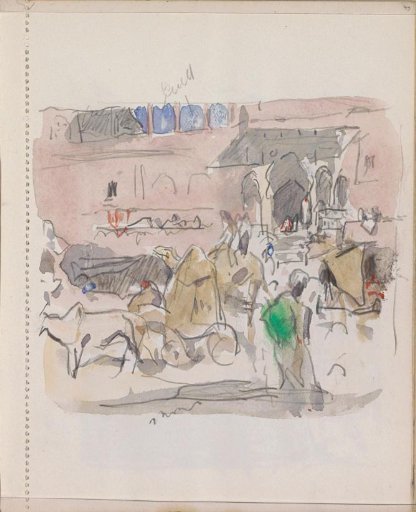 Street with figures on a camel