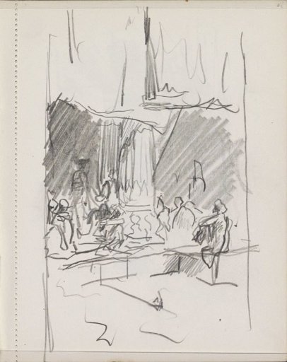 Figures sitting by a pillar