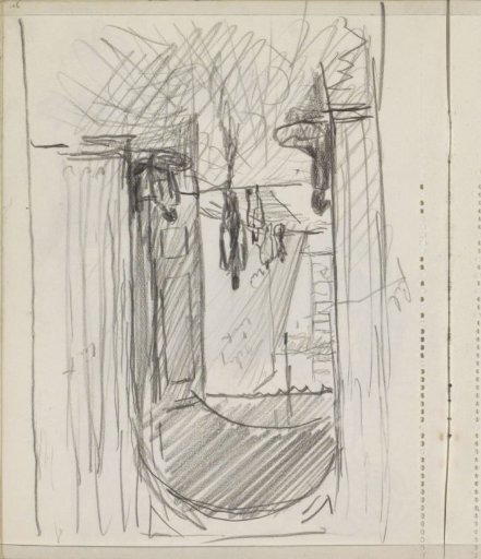 Street with figures, seen through the open doors of a building