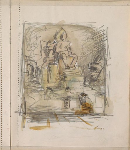 Kneeling figure in the interior of the Mendoet Temple on Java