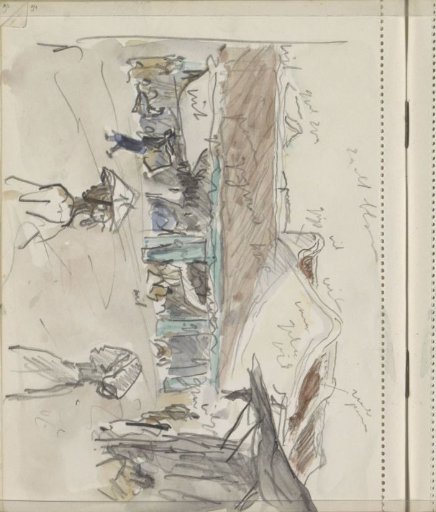 Street with figures and houses with awnings