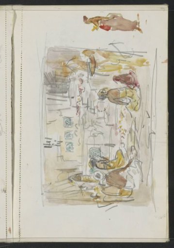Figures at a staircase strewn with flowers leading to an altar