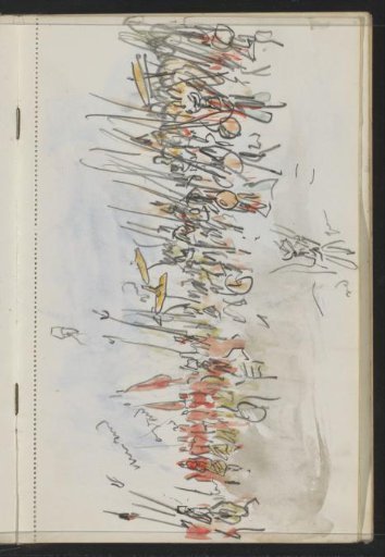 Procession of soldiers and figures with parasols