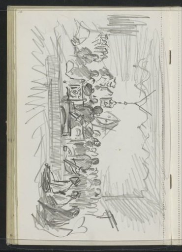 Seated figures on a covered platform