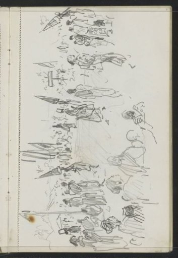 Spectators at a performance by figures with parasols