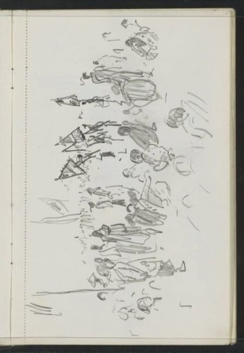 Spectators at a performance by figures with parasols