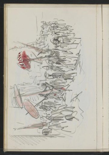 Procession of figures with parasols