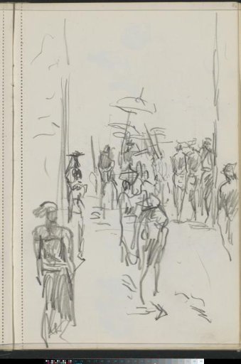 Procession of figures with parasols