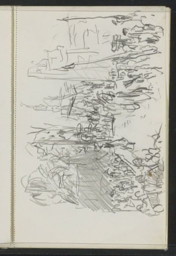 Street with a procession of figures with flags