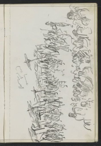 Procession of figures with parasols