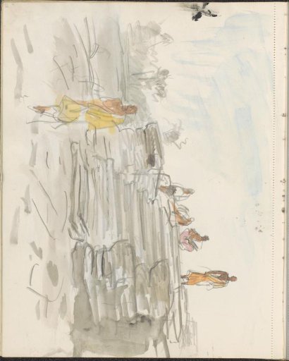 Figures, including two Buddhist monks, on a staircase