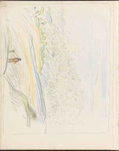Two figures in a wooded hilly landscape