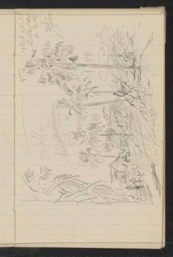 Landscape with houses, palm trees and riders