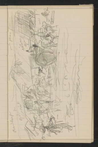 Village road with figures, thatched houses and ox carts