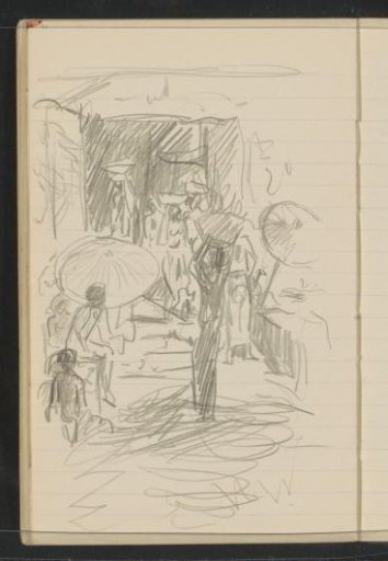 Figures with bowls on their heads at an open door