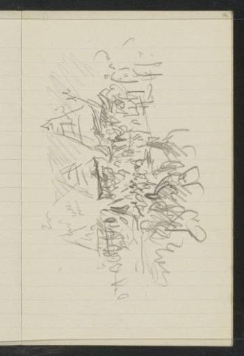 Figures before three houses with pointed roofs
