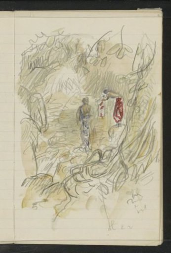 Figures washing clothes in a river