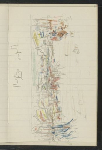 Street with figures carrying parasols and sticks