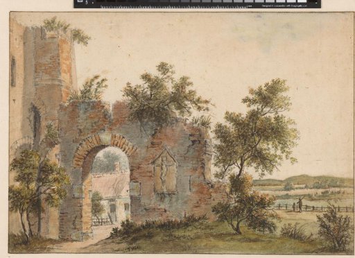 Ruin of a church or castle with a view of the dunes