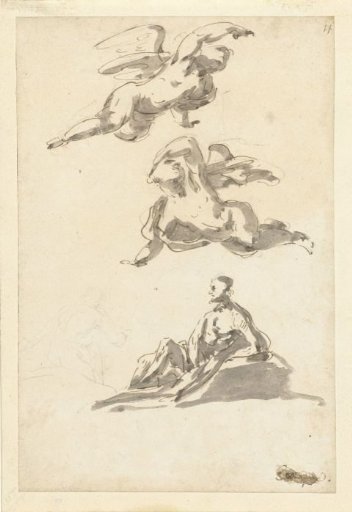 Two Floating Angels and a Resting Man