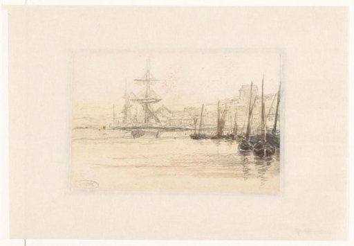 View of the fishing harbour of Honfleur, with large ships in the background