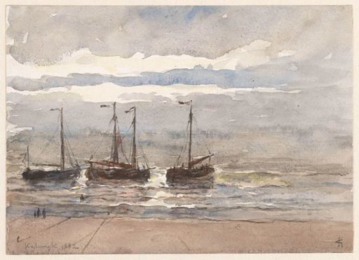 Fishing boats on the beach of Katwijk at high tide