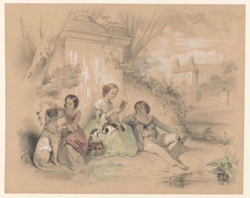Three children in a castle garden, reading and playing with dogs